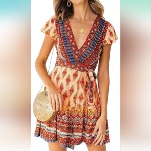 Boho V Neck Wrap Dress